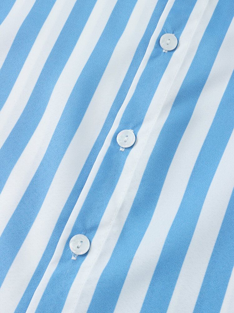 Camisa Casual De Manga Larga Con Botones Y Solapa Con Estampado De Rayas Verticales Para Hombre