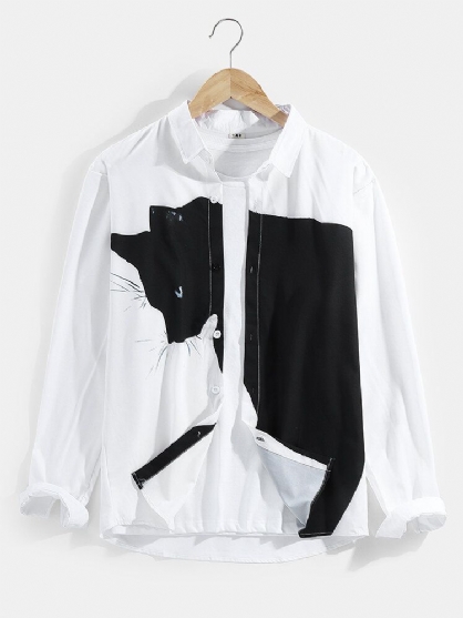 Camisa Casual De Manga Larga Con Cuello De Solapa De Algodón Con Estampado De Gato Grande Lindo Para Hombre