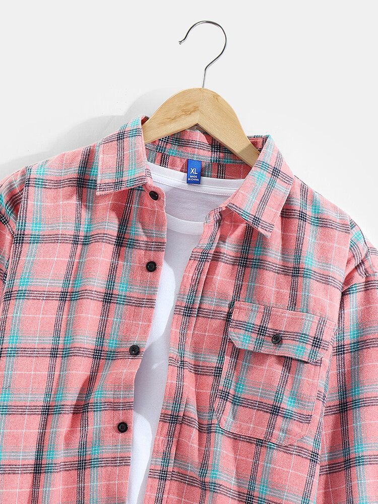 Camisa Casual De Manga Larga Con Solapa De Algodón Con Bolsillo En El Pecho Y Estampado A Cuadros Para Hombre