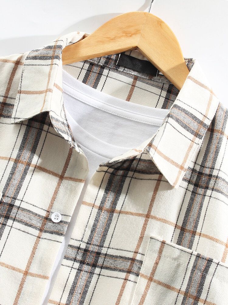 Camisa Casual De Solapa De Manga Larga De Algodón Con Bolsillos Dobles Con Estampado A Cuadros Para Hombre