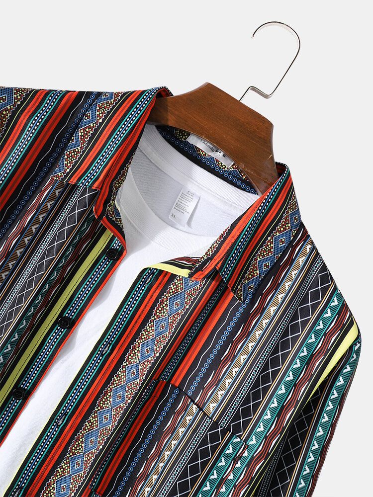 Camisa Casual De Solapa Vintage Con Estampado De Rayas Tribales Para Hombre