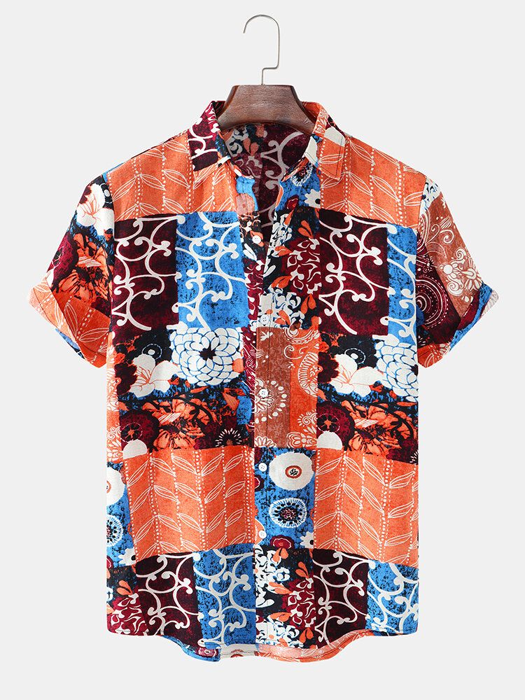 Camisa Casual De Vacaciones De Manga Corta Con Solapa De Patchwork Con Estampado Floral Mixto Para Hombre