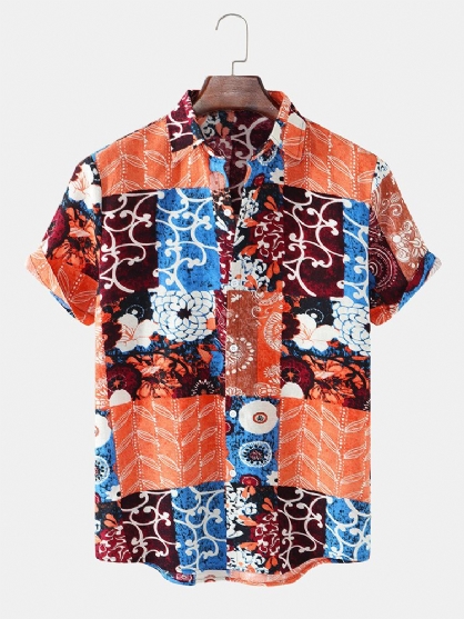 Camisa Casual De Vacaciones De Manga Corta Con Solapa De Patchwork Con Estampado Floral Mixto Para Hombre