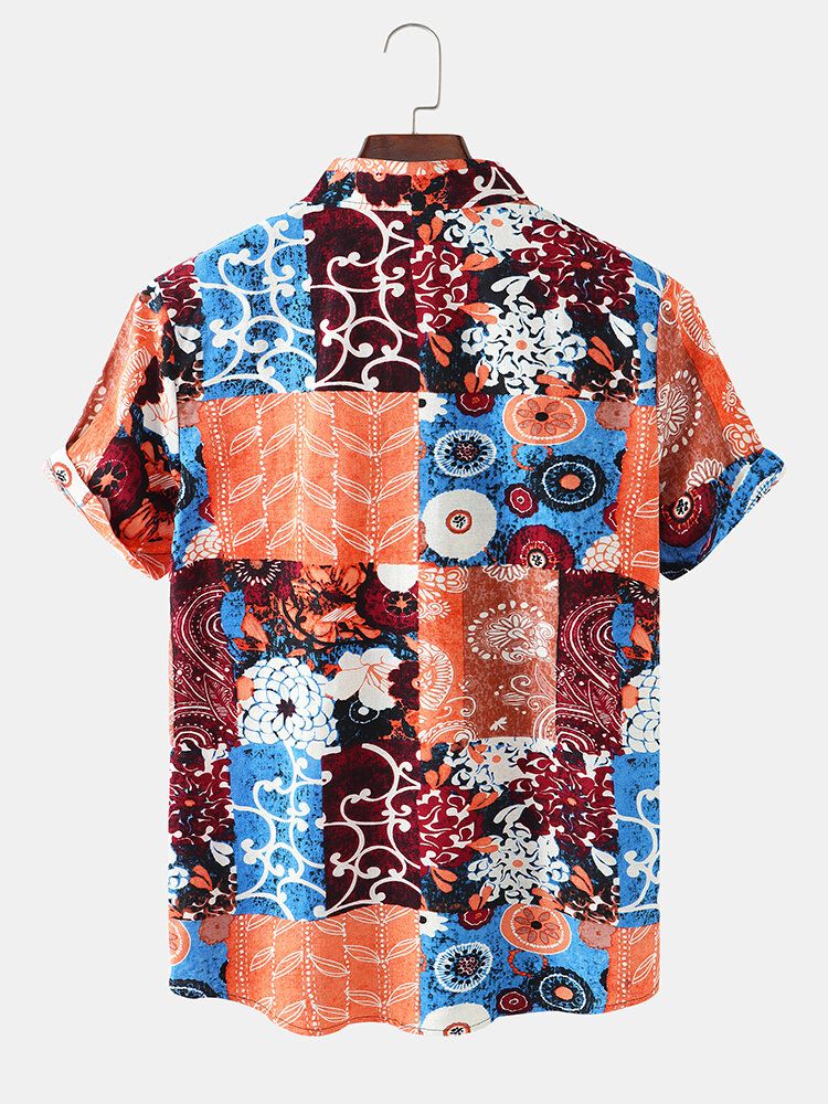 Camisa Casual De Vacaciones De Manga Corta Con Solapa De Patchwork Con Estampado Floral Mixto Para Hombre