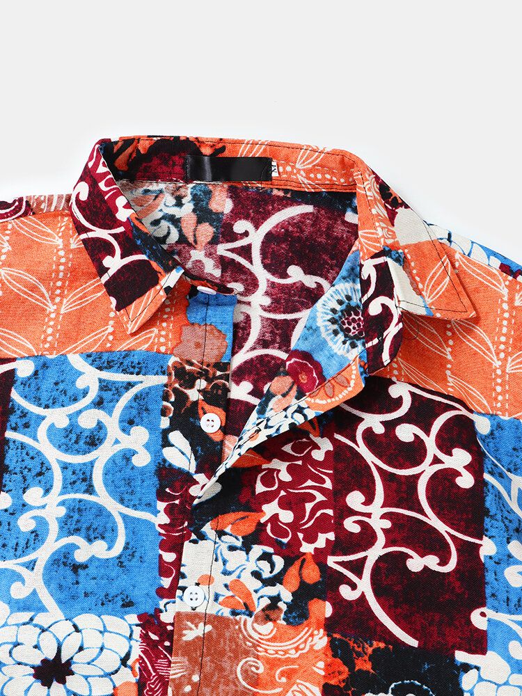 Camisa Casual De Vacaciones De Manga Corta Con Solapa De Patchwork Con Estampado Floral Mixto Para Hombre