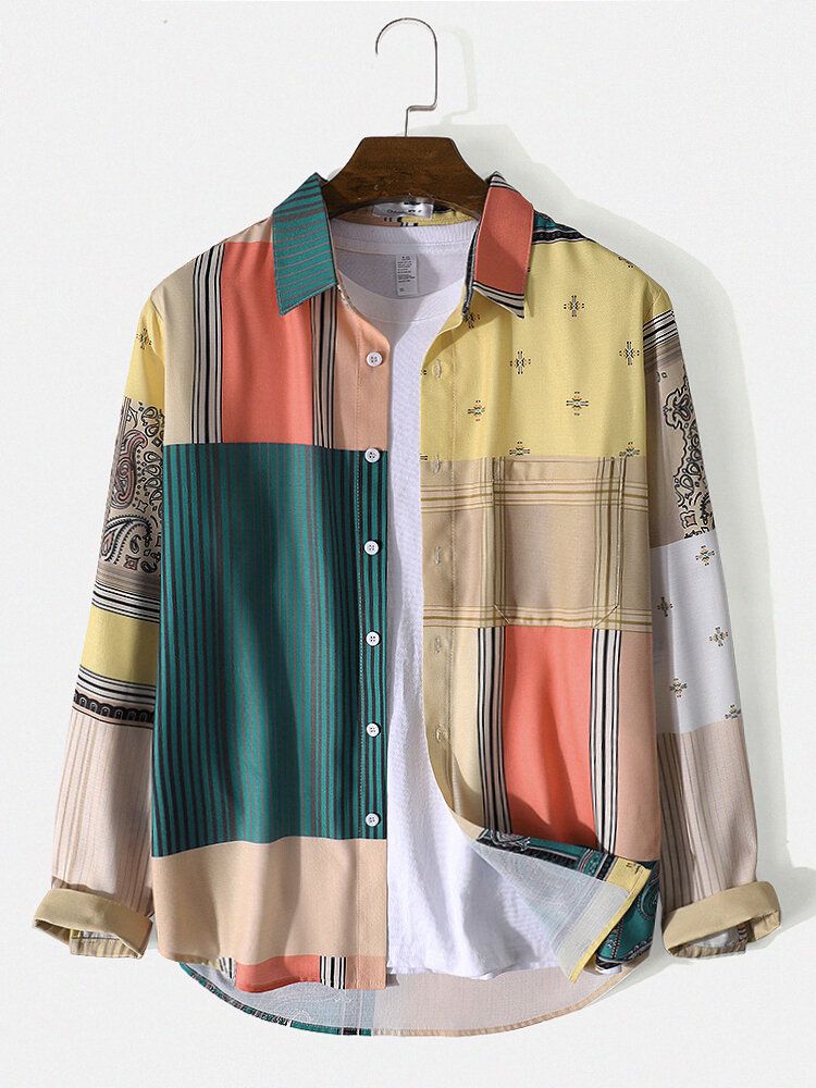 Camisa Con Bolsillo En El Pecho Con Solapa Y Botones Con Estampado Mixto Para Hombre