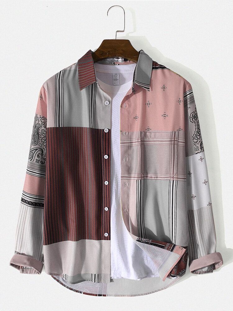 Camisa Con Bolsillo En El Pecho Con Solapa Y Botones Con Estampado Mixto Para Hombre