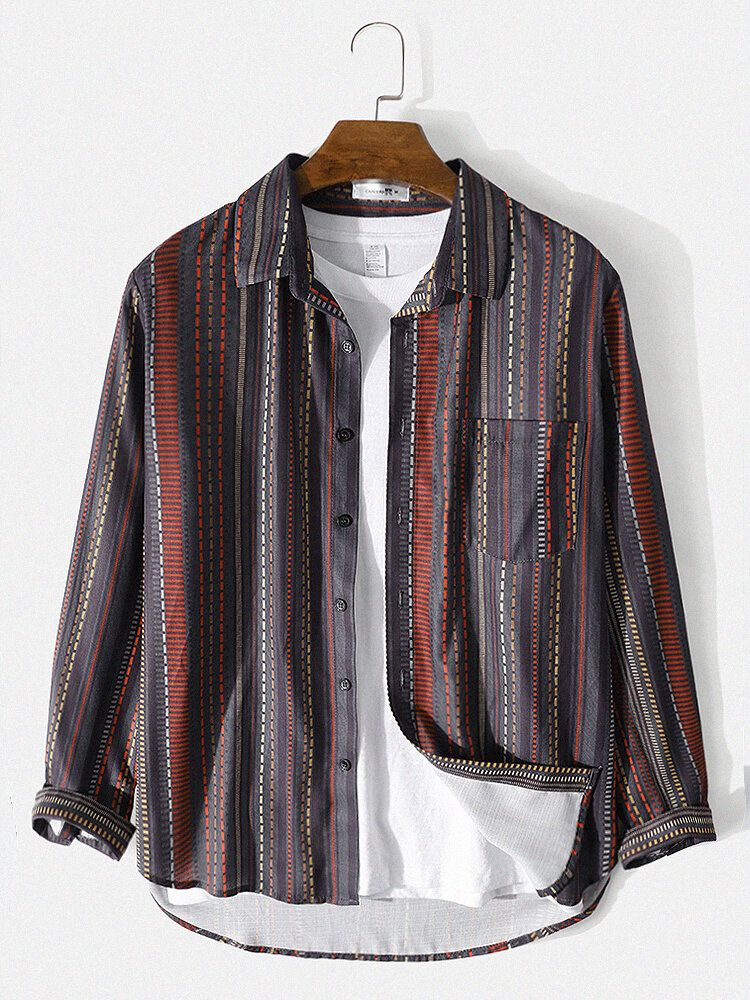 Camisa Con Botones De Bolsillo En El Pecho Con Solapa Y Estampado De Estilo Étnico Retro Para Hombre