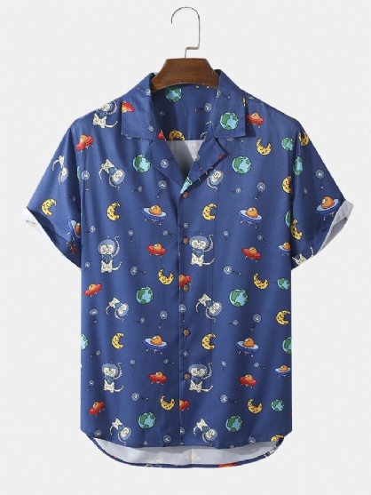 Camisa Con Cuello Reverente De Manga Corta Con Estampado De Tierra Y Luna Y Gato De Dibujos Animados Para Hombre