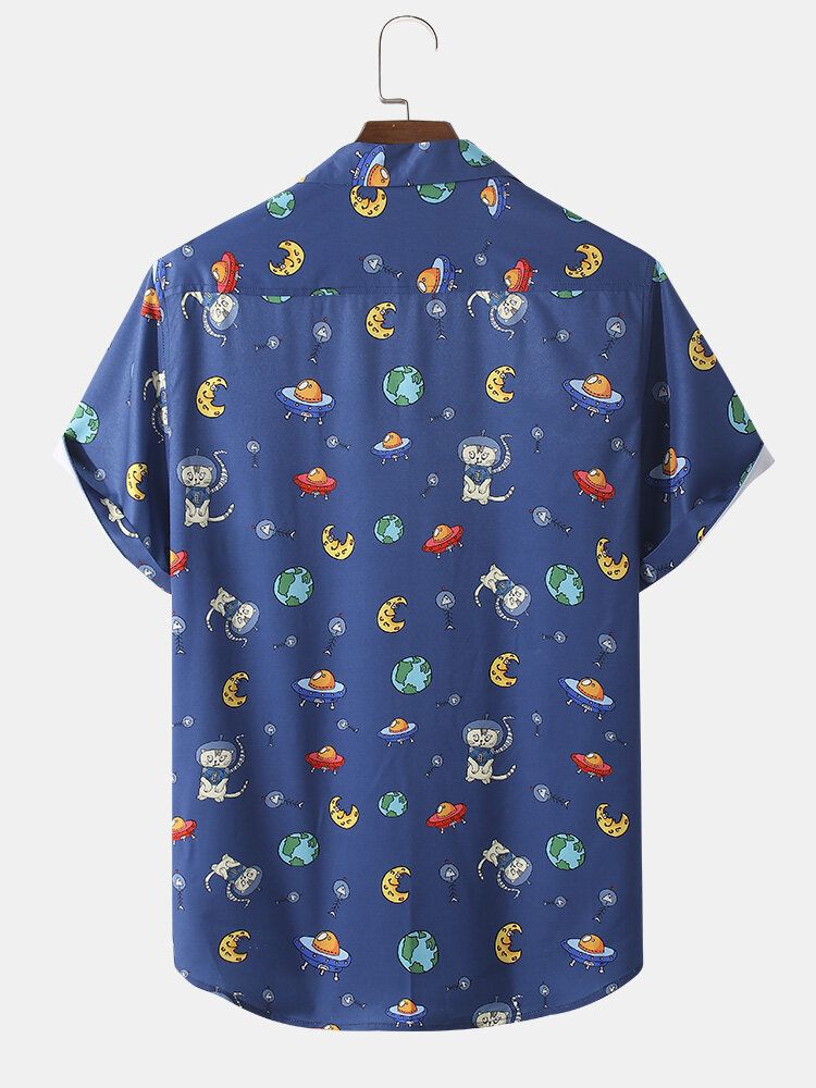 Camisa Con Cuello Reverente De Manga Corta Con Estampado De Tierra Y Luna Y Gato De Dibujos Animados Para Hombre