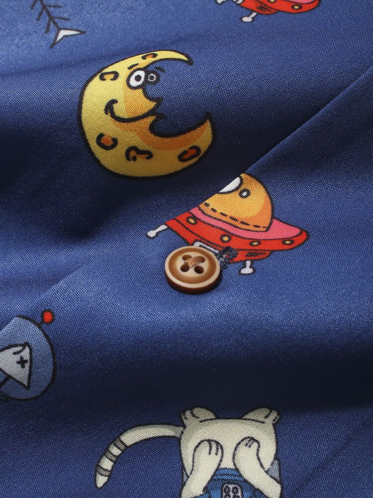 Camisa Con Cuello Reverente De Manga Corta Con Estampado De Tierra Y Luna Y Gato De Dibujos Animados Para Hombre