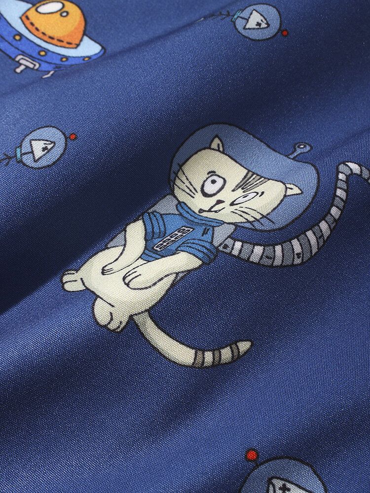 Camisa Con Cuello Reverente De Manga Corta Con Estampado De Tierra Y Luna Y Gato De Dibujos Animados Para Hombre