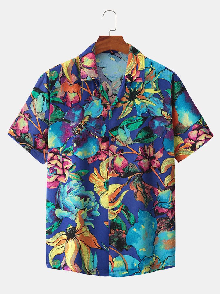 Camisa De Cuello Reverente De Color De Contraste Con Estampado De Flores De Algodón Para Hombre