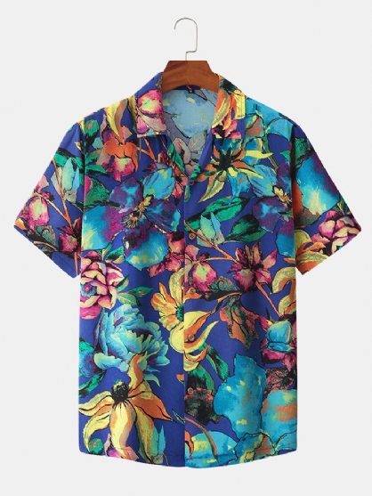 Camisa De Cuello Reverente De Color De Contraste Con Estampado De Flores De Algodón Para Hombre