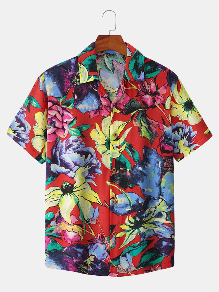 Camisa De Cuello Reverente De Color De Contraste Con Estampado De Flores De Algodón Para Hombre