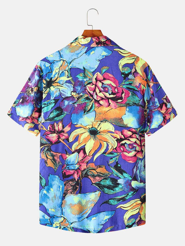 Camisa De Cuello Reverente De Color De Contraste Con Estampado De Flores De Algodón Para Hombre