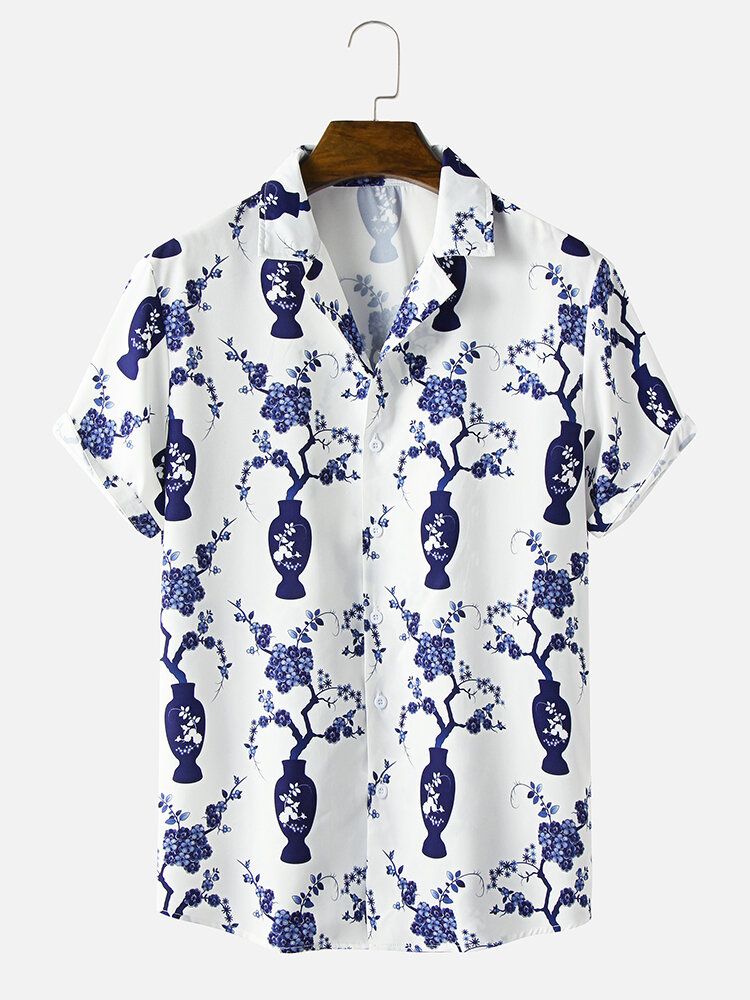 Camisa De Cuello Reverente Con Estampado De Porcelana De Estilo Étnico Para Hombre