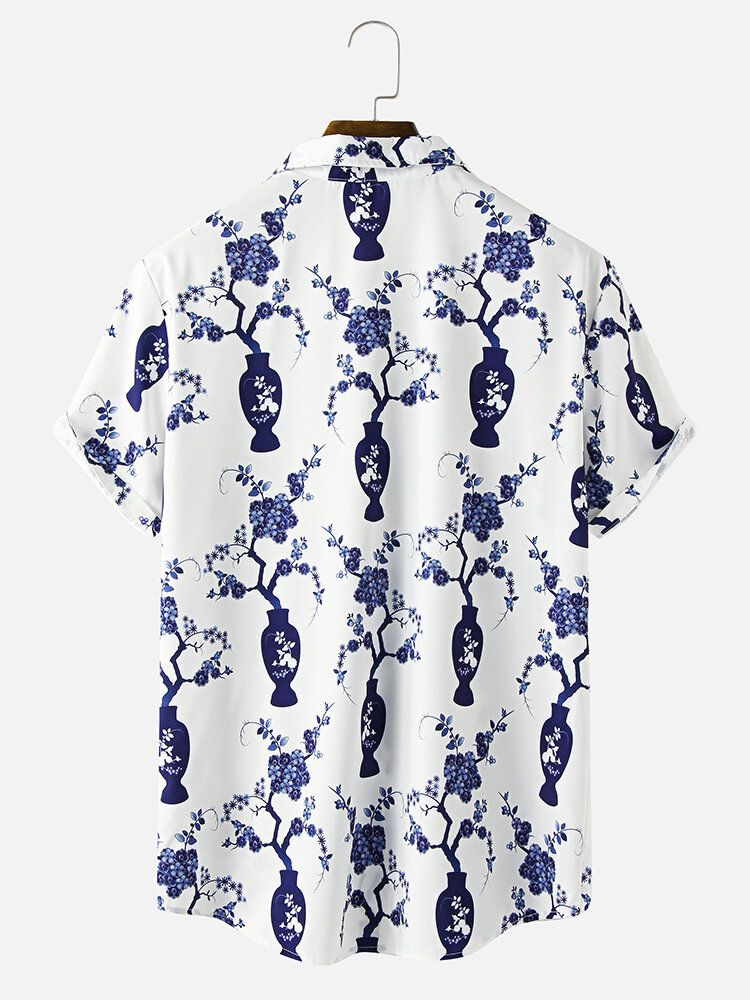 Camisa De Cuello Reverente Con Estampado De Porcelana De Estilo Étnico Para Hombre