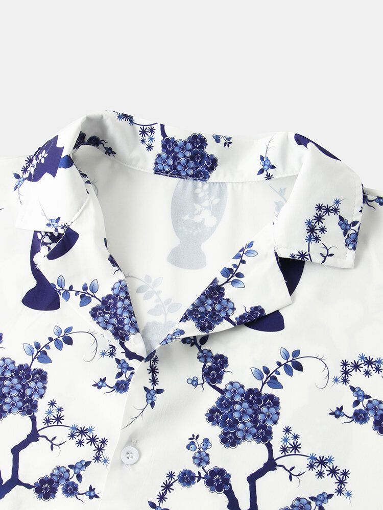 Camisa De Cuello Reverente Con Estampado De Porcelana De Estilo Étnico Para Hombre