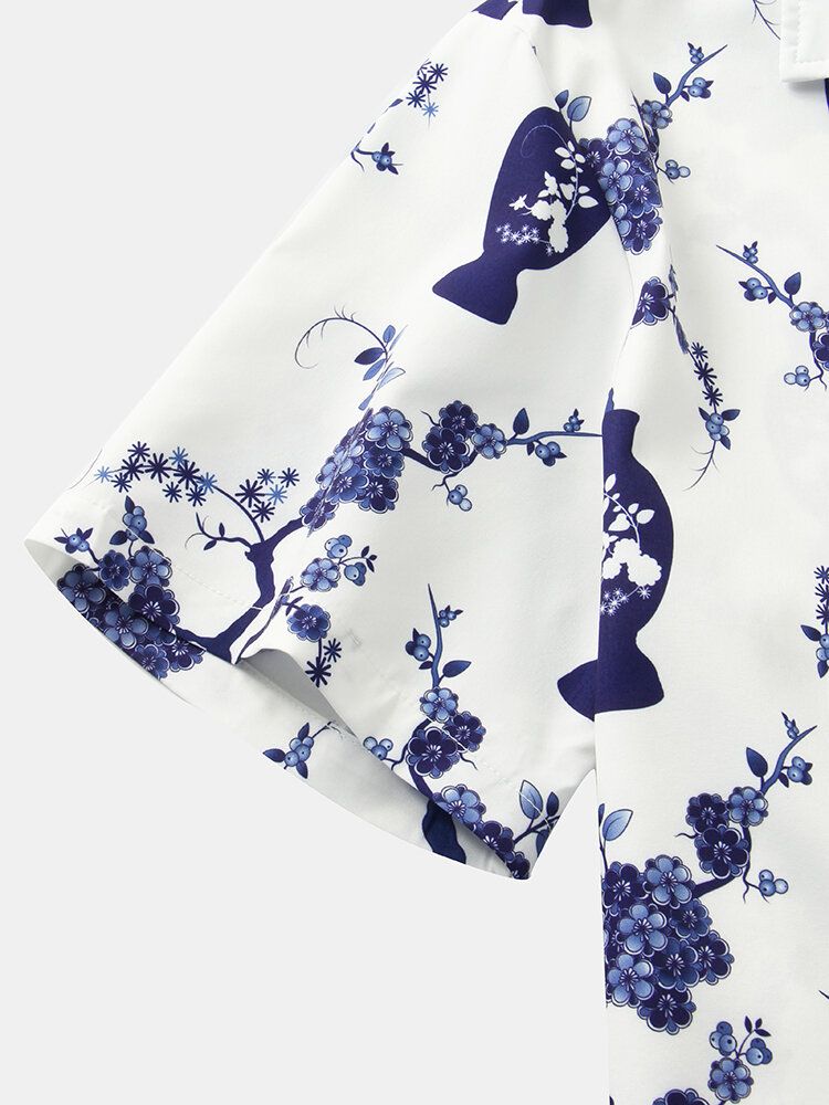 Camisa De Cuello Reverente Con Estampado De Porcelana De Estilo Étnico Para Hombre