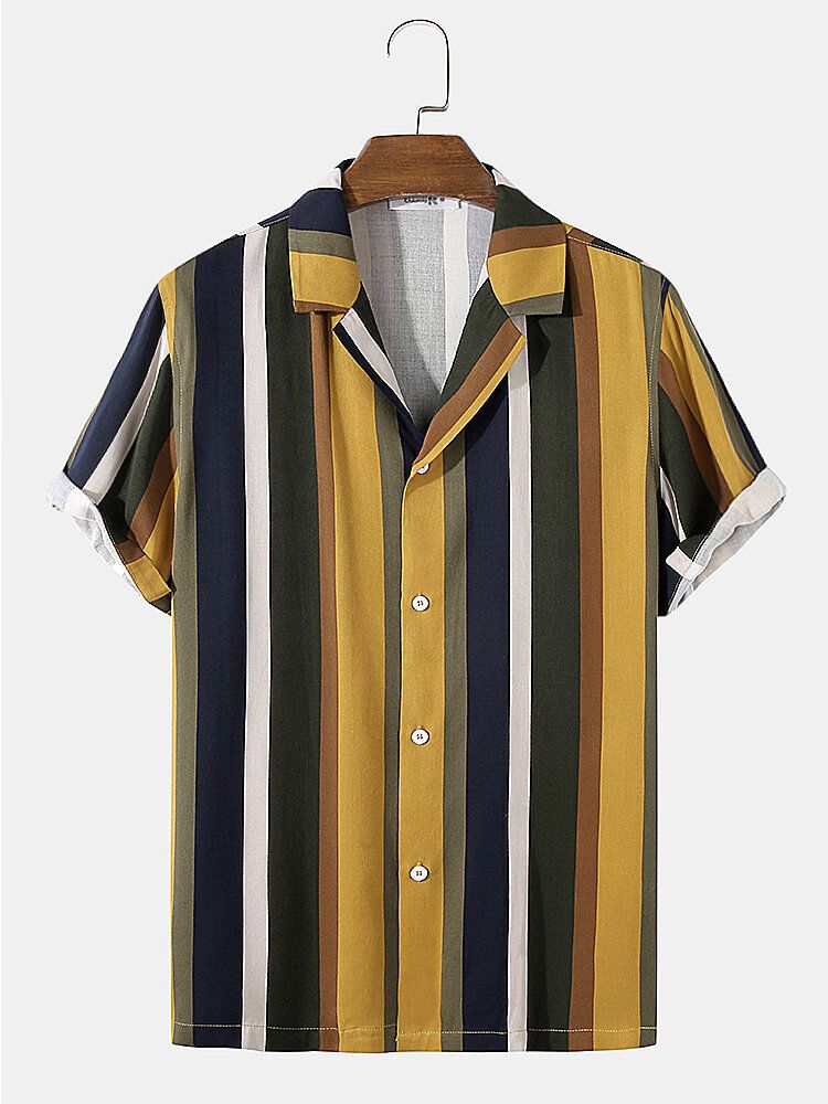 Camisa Diaria De Manga Corta Con Cuello Reverente A Rayas Multicolor Para Hombre