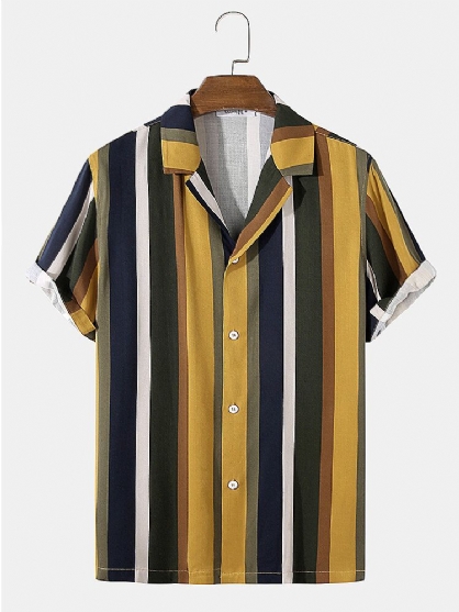 Camisa Diaria De Manga Corta Con Cuello Reverente A Rayas Multicolor Para Hombre