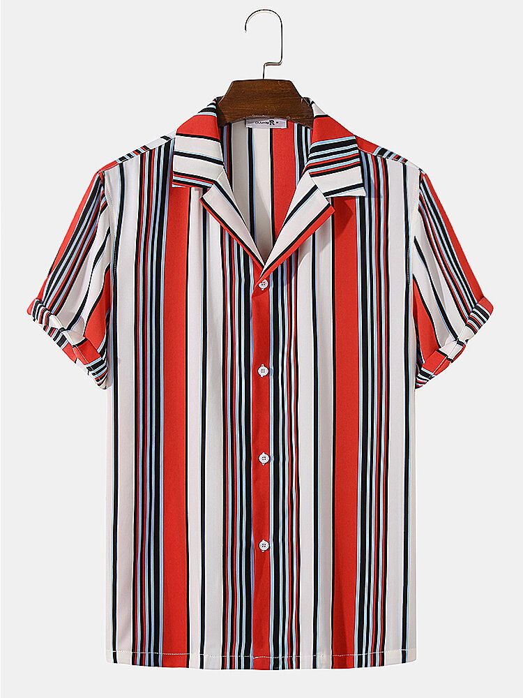 Camisa Diaria De Manga Corta Con Cuello Reverente A Rayas Multicolor Para Hombre