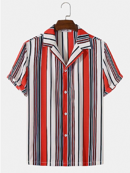 Camisa Diaria De Manga Corta Con Cuello Reverente A Rayas Multicolor Para Hombre