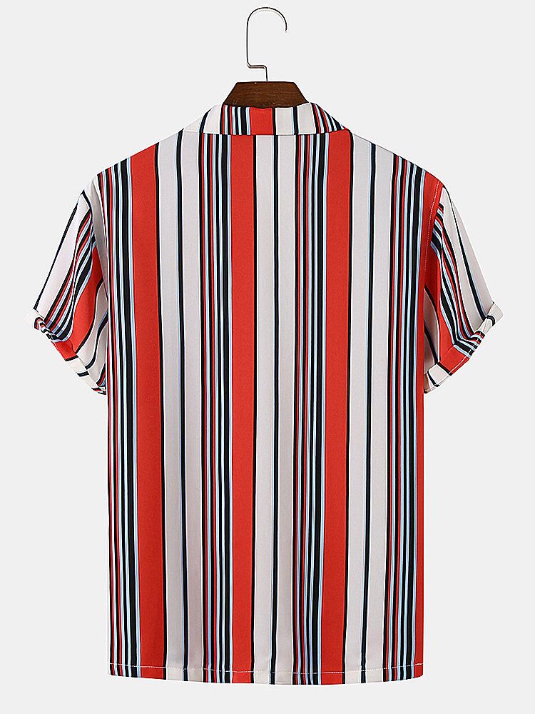 Camisa Diaria De Manga Corta Con Cuello Reverente A Rayas Multicolor Para Hombre