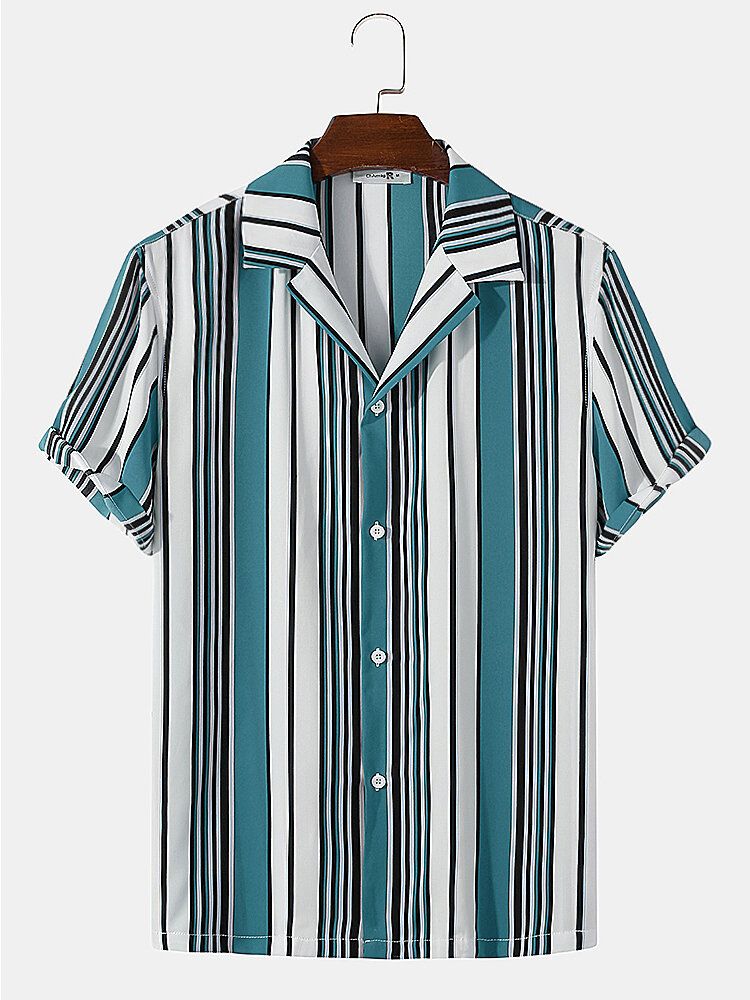 Camisa Diaria De Manga Corta Con Cuello Reverente A Rayas Multicolor Para Hombre