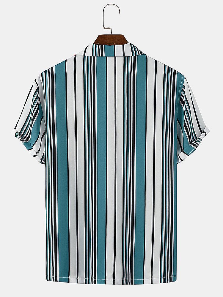 Camisa Diaria De Manga Corta Con Cuello Reverente A Rayas Multicolor Para Hombre