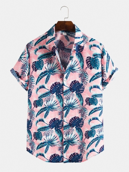 Camisa De Manga Corta Abotonada Con Estampado De Hojas Tropicales Para Hombre