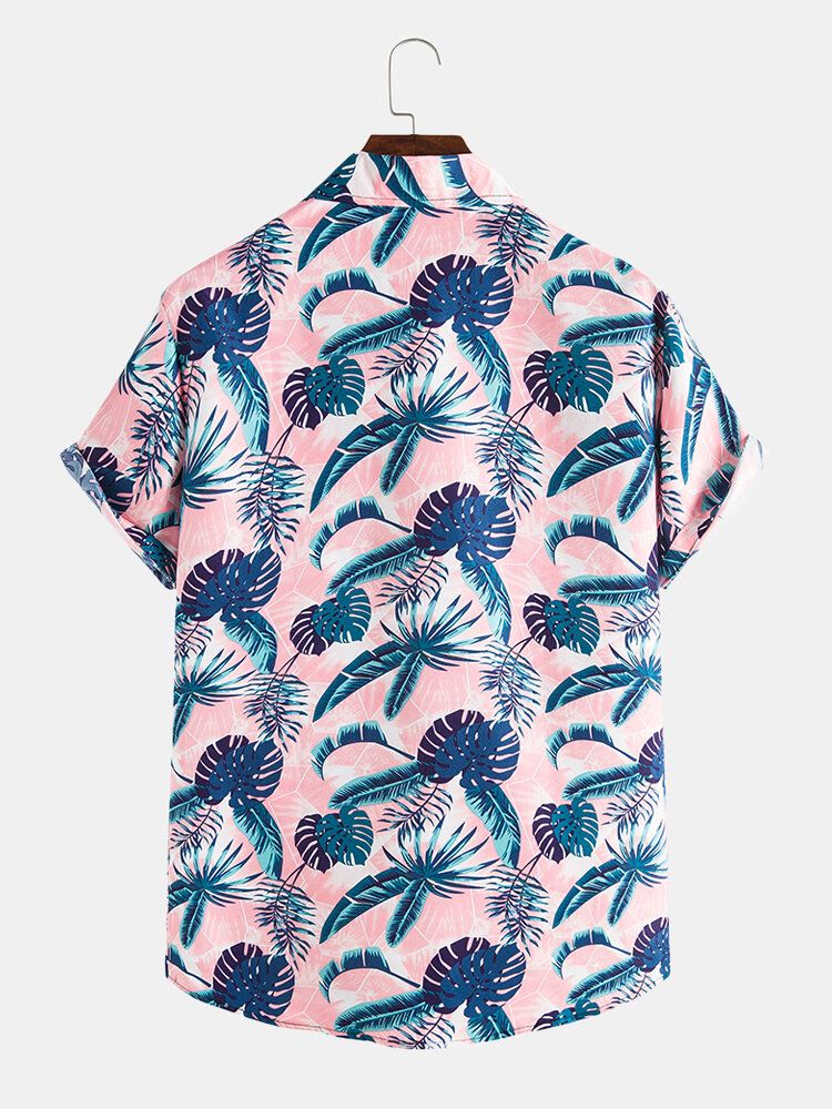 Camisa De Manga Corta Abotonada Con Estampado De Hojas Tropicales Para Hombre