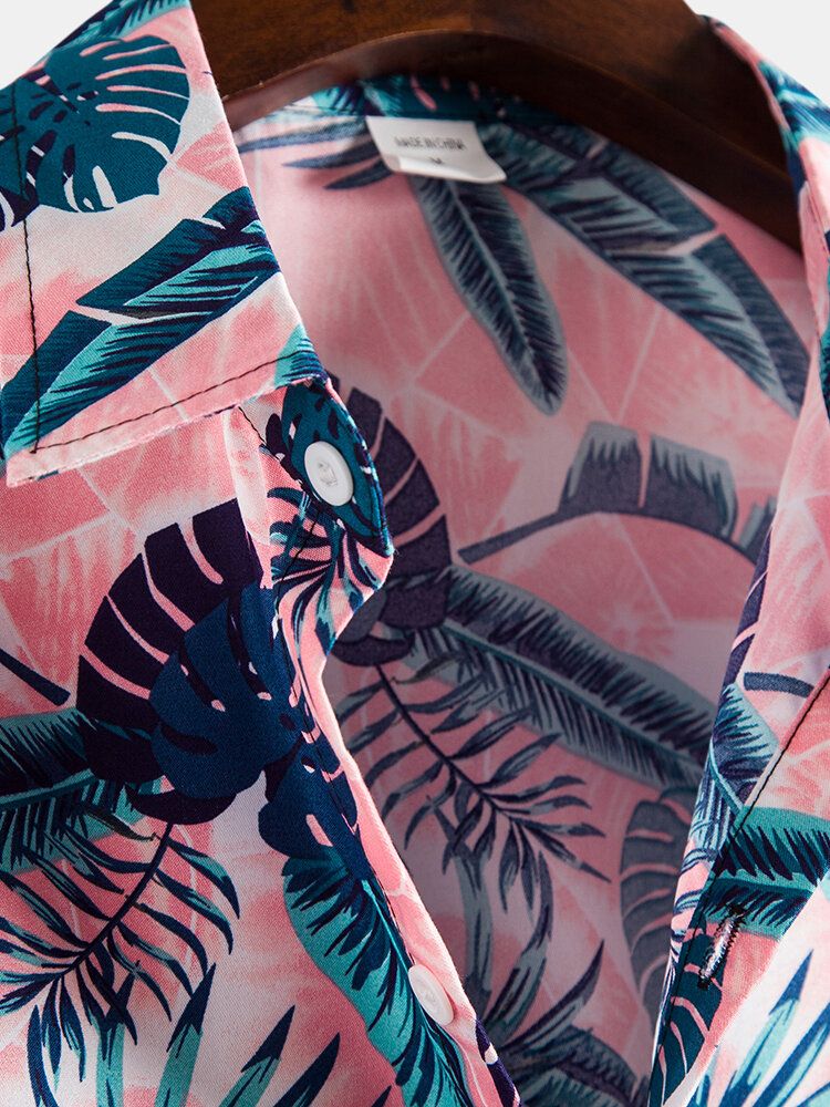 Camisa De Manga Corta Abotonada Con Estampado De Hojas Tropicales Para Hombre