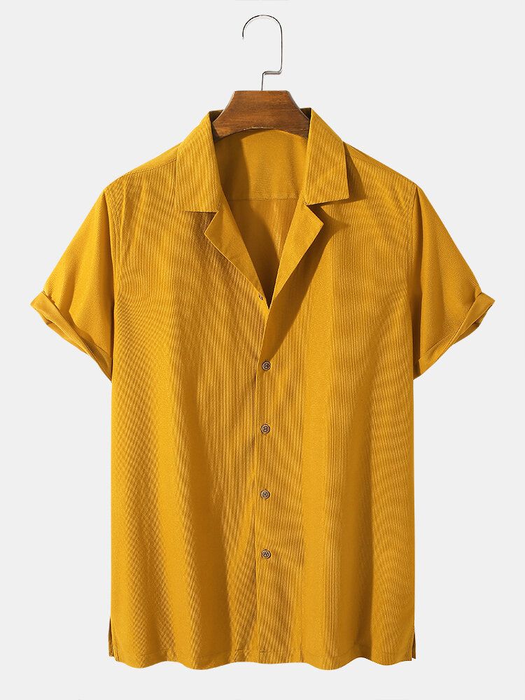 Camisa De Manga Corta Casual Con Cuello Reverente De Color Sólido De Sarga Para Hombre