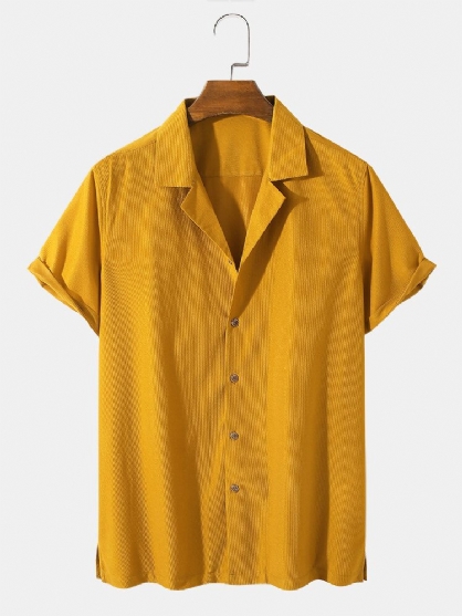 Camisa De Manga Corta Casual Con Cuello Reverente De Color Sólido De Sarga Para Hombre