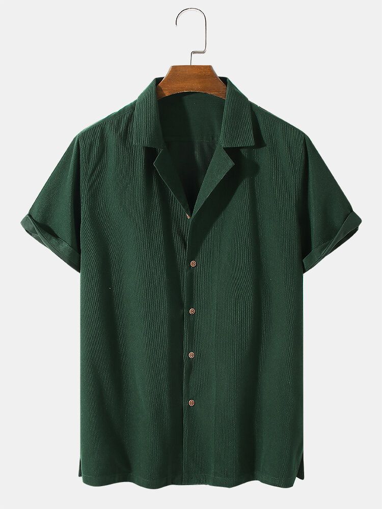 Camisa De Manga Corta Casual Con Cuello Reverente De Color Sólido De Sarga Para Hombre