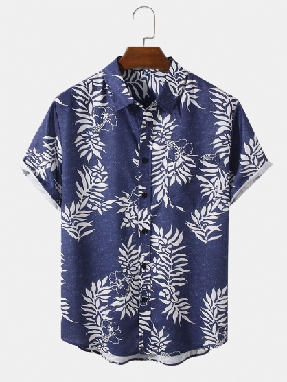 Camisa De Manga Corta Casual Con Estampado Floral De Plantas Navideñas Para Hombre