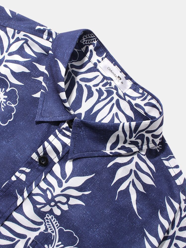 Camisa De Manga Corta Casual Con Estampado Floral De Plantas Navideñas Para Hombre