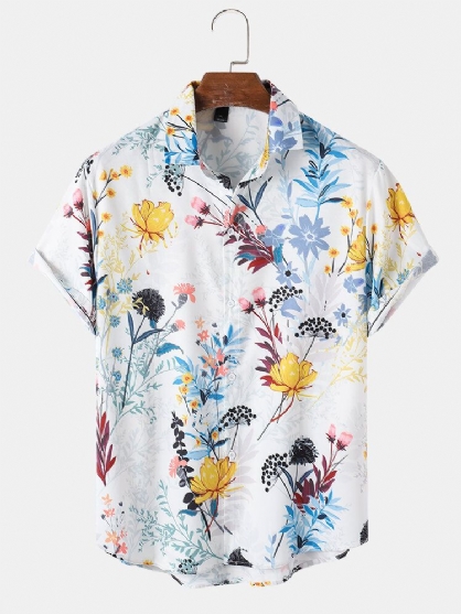 Camisa De Manga Corta Casual De Vacaciones Con Solapa Y Estampado Floral Para Hombre