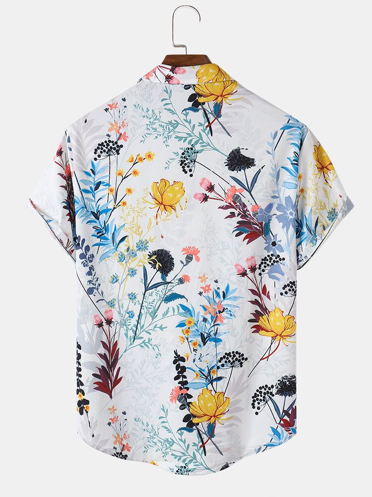 Camisa De Manga Corta Casual De Vacaciones Con Solapa Y Estampado Floral Para Hombre