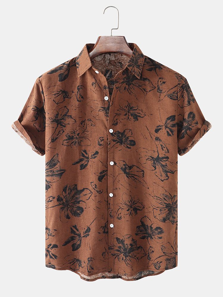 Camisa De Manga Corta Casual De Vacaciones Vintage Con Estampado Floral Pintado A Mano Para Hombre