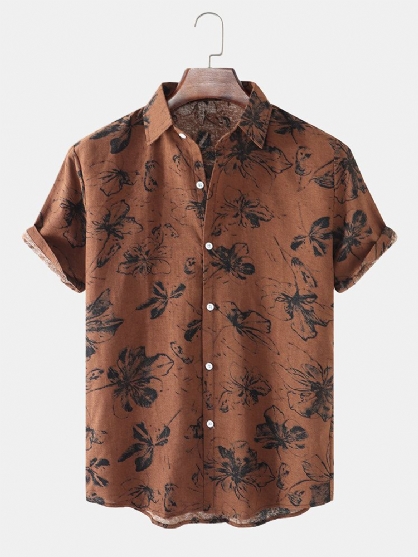 Camisa De Manga Corta Casual De Vacaciones Vintage Con Estampado Floral Pintado A Mano Para Hombre