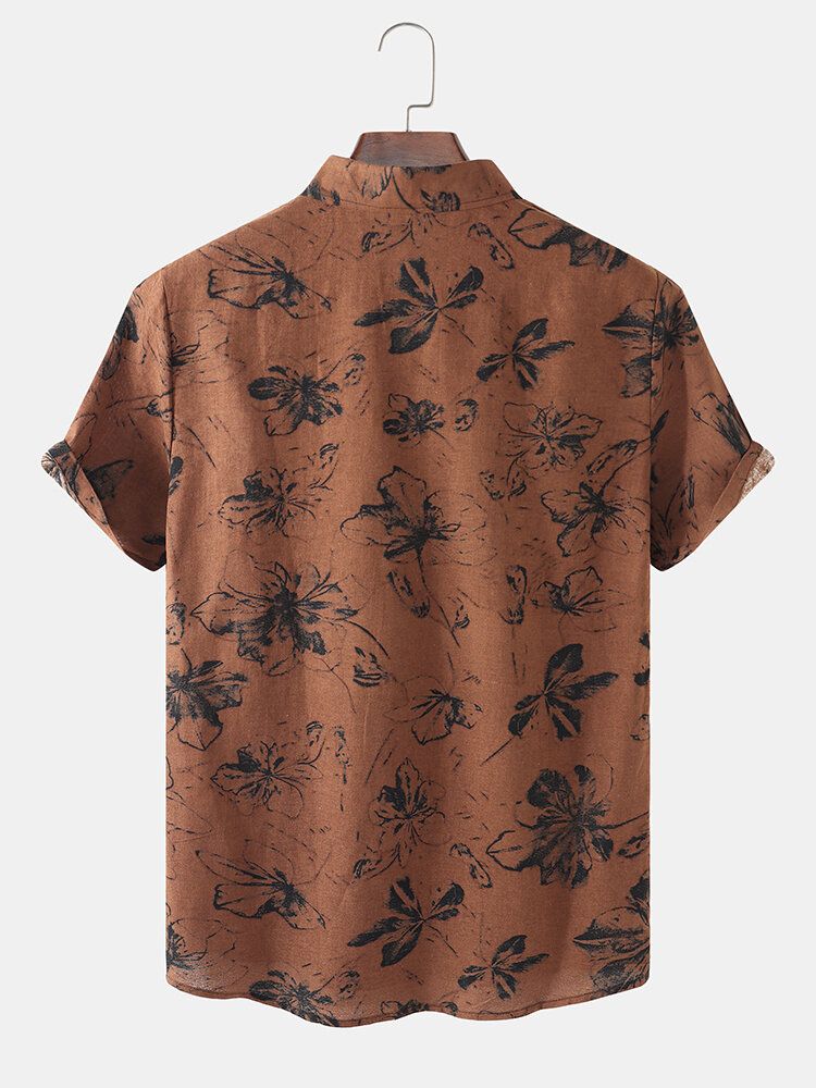 Camisa De Manga Corta Casual De Vacaciones Vintage Con Estampado Floral Pintado A Mano Para Hombre