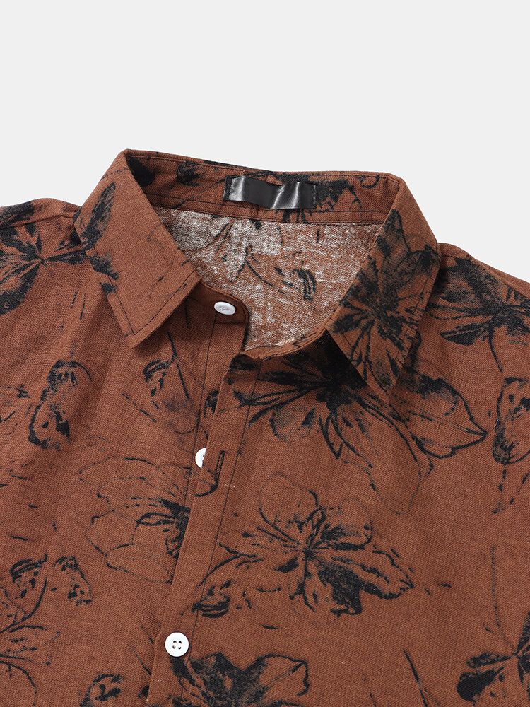 Camisa De Manga Corta Casual De Vacaciones Vintage Con Estampado Floral Pintado A Mano Para Hombre