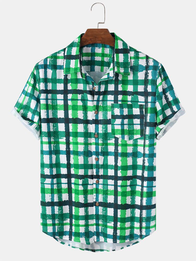 Camisa De Manga Corta Con Bolsillo A Cuadros Wave Srtipe Para Hombre