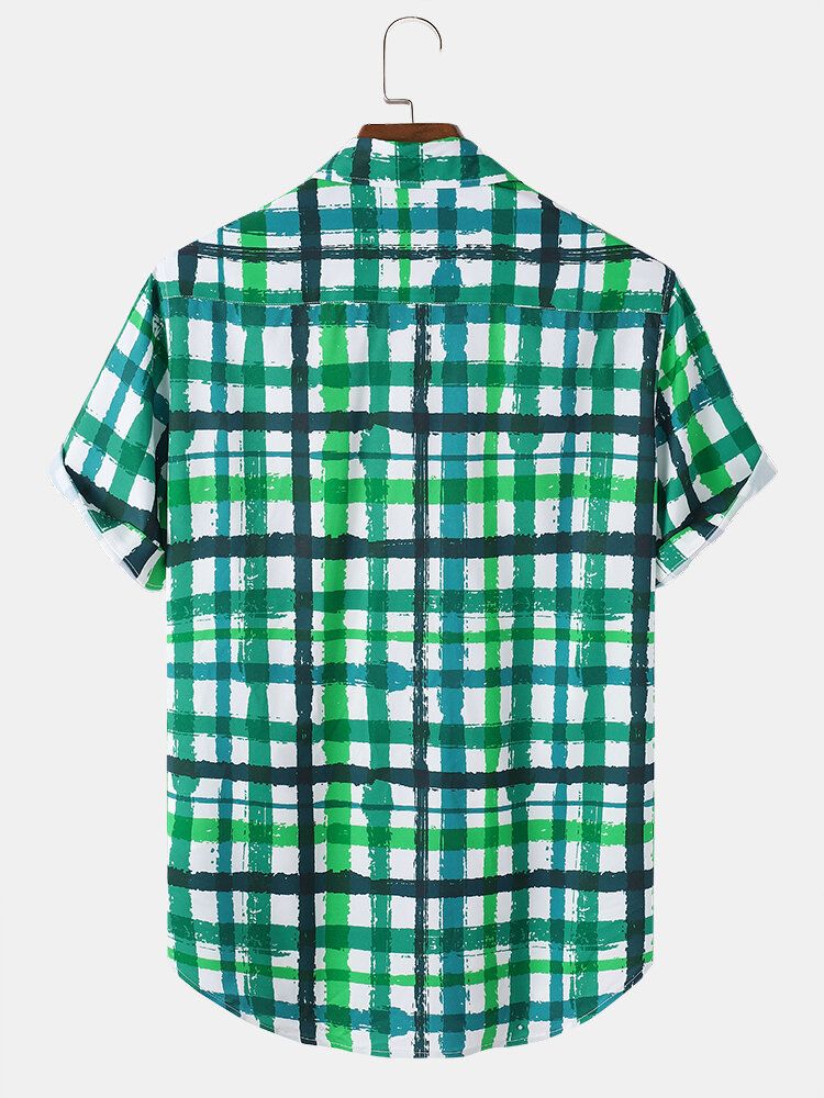 Camisa De Manga Corta Con Bolsillo A Cuadros Wave Srtipe Para Hombre