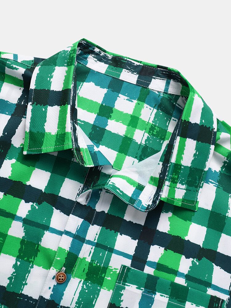 Camisa De Manga Corta Con Bolsillo A Cuadros Wave Srtipe Para Hombre