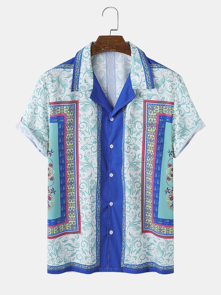 Camisa De Manga Corta Con Bolsillo En El Pecho Con Cuello Reverente Y Estampado Barroco Para Hombre