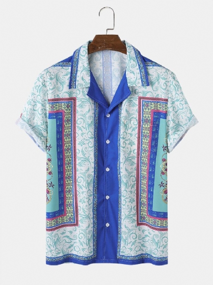 Camisa De Manga Corta Con Bolsillo En El Pecho Con Cuello Reverente Y Estampado Barroco Para Hombre